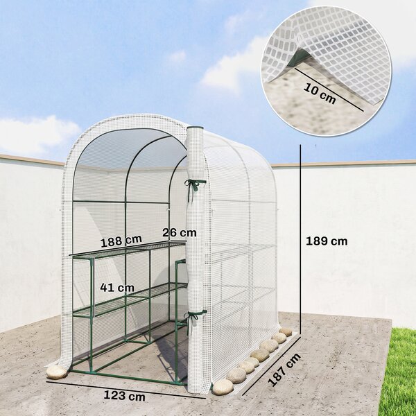 Outsunny Serra da Giardino con Scaffali a 2 Livelli e Porta Avvolgibile, in Acciaio e PE, 123x187x189 cm, Bianco | Aosom Italy