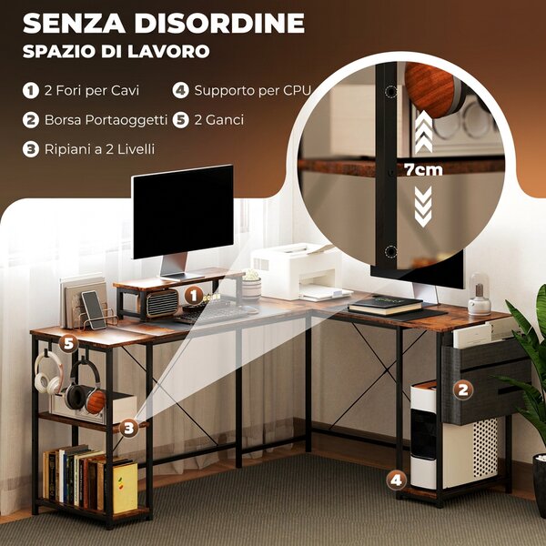 HOMCOM Scrivania Angolare a L Reversibile da 168-240Lcm, Scrivania ad Angolo Industriale con Ganci, Ripiani, Borsa Laterale, Supporto Monitor, Marrone Rustico | Aosom Italy