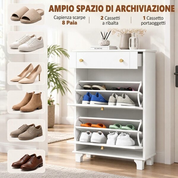 HOMCOM Scarpiera Salvaspazio Slim con 2 Ante a Ribalta, Ripiani Regolabili e Cassetto, Bianco | Aosom Italy