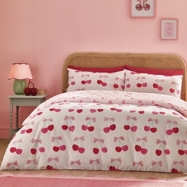 Set copripiumino e federa bianco e rosa per letto singolo 135x200 cm Cherries and Bows – Catherine Lansfield