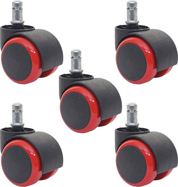 Set di 5 ruote per pavimenti duri HWC-H86, ruote per sedie da ufficio, portata 150 kg Ø 11 mm ~ rosso