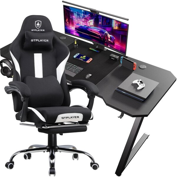 Set scrivania e sedia da gaming - Z12 + GT905-WT - Sedia ergonomica - Pelle + fibra di carbonio - Stile moderno e minimalista - Da montare - Khaki scuro