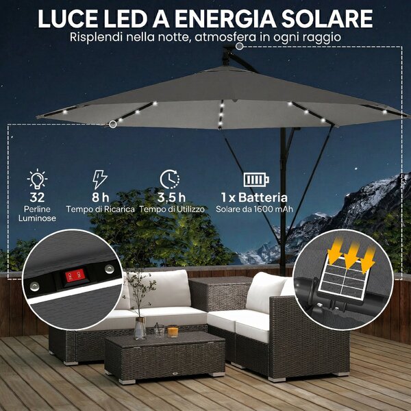 Outsunny Ombrellone a Sbalzo 3 m con Luci LED Solari, da Giardino, Colore Grigio | Aosom Italy
