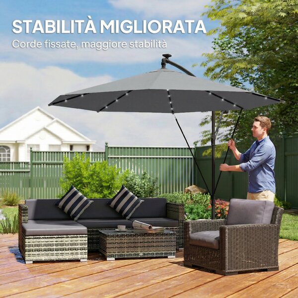 Outsunny Ombrellone a Sbalzo 3 m con Luci LED Solari, da Giardino, Colore Grigio | Aosom Italy