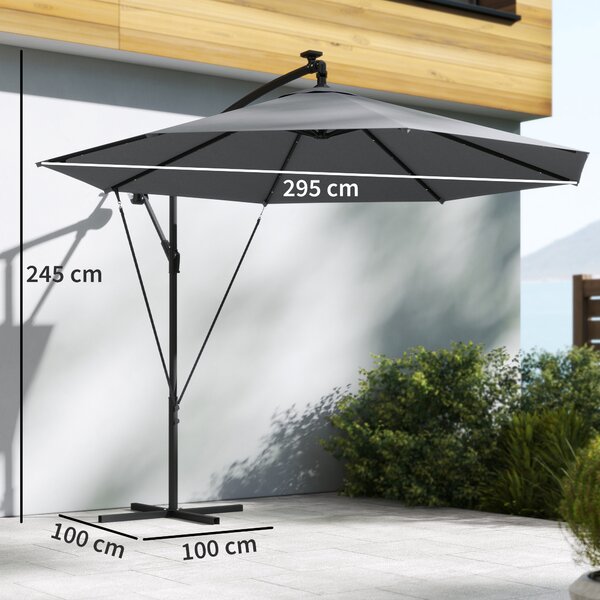 Outsunny Ombrellone a Sbalzo 3 m con Luci LED Solari, da Giardino, Colore Grigio | Aosom Italy