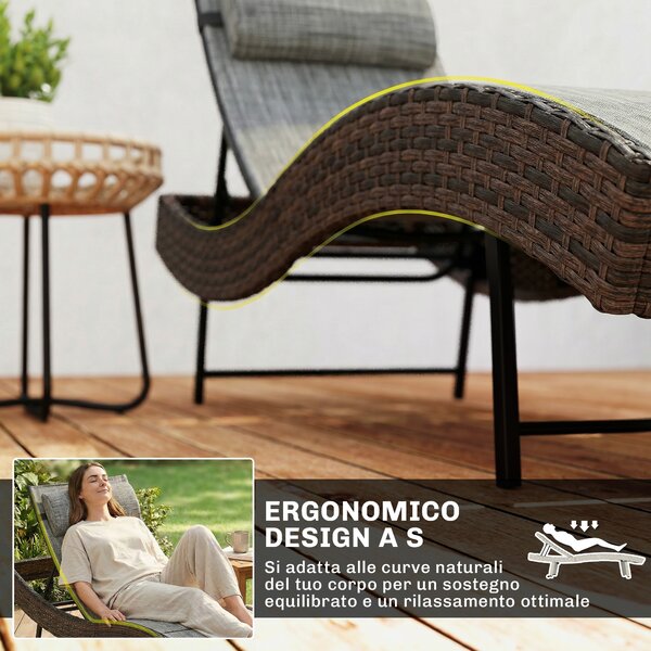 Outsunny Lettino Prendisole da Giardino in Rattan Forma S con Cuscino a 5 Posizioni, 60x198x44cm, Marrone | Aosom Italy