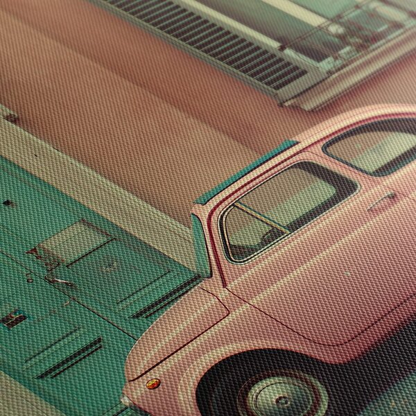 Quadro su tela – Auto retrò rosa in città