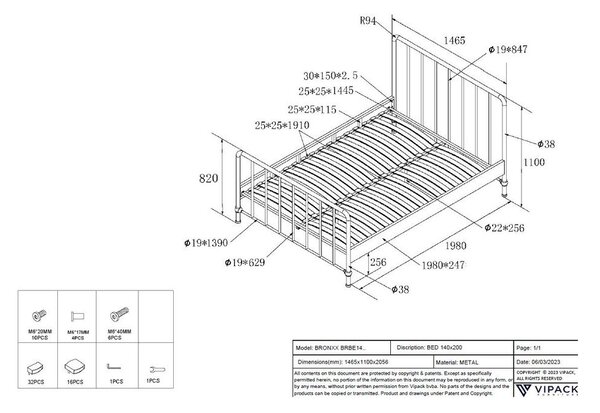 Letto singolo in metallo nero con griglia 140x200 cm BRONXX - Vipack