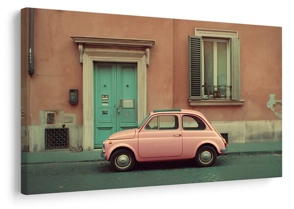 Quadro su tela – Auto retrò rosa in città