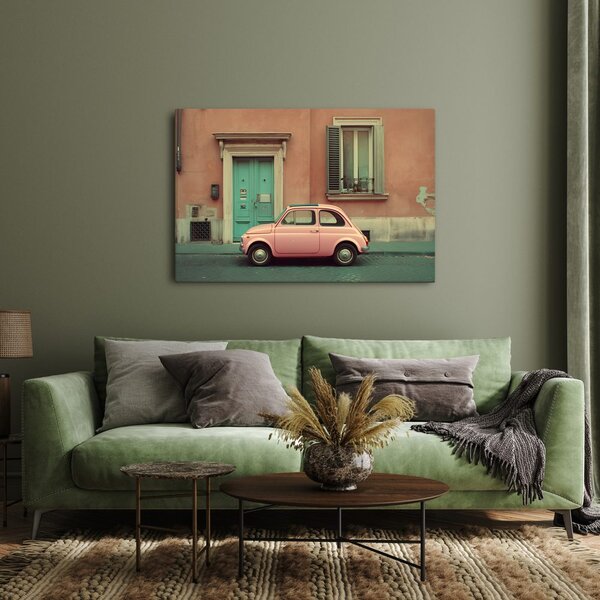 Quadro su tela – Auto retrò rosa in città