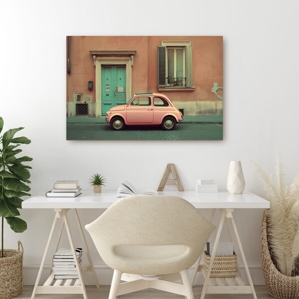 Quadro su tela – Auto retrò rosa in città