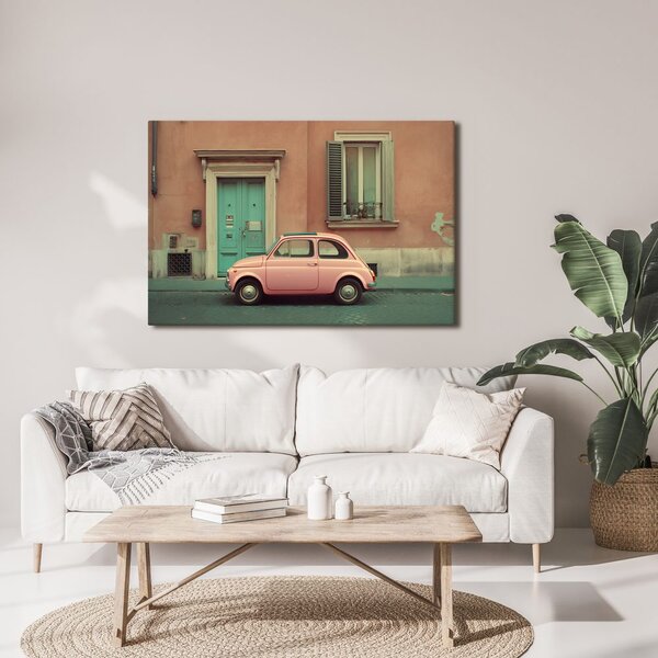 Quadro su tela – Auto retrò rosa in città