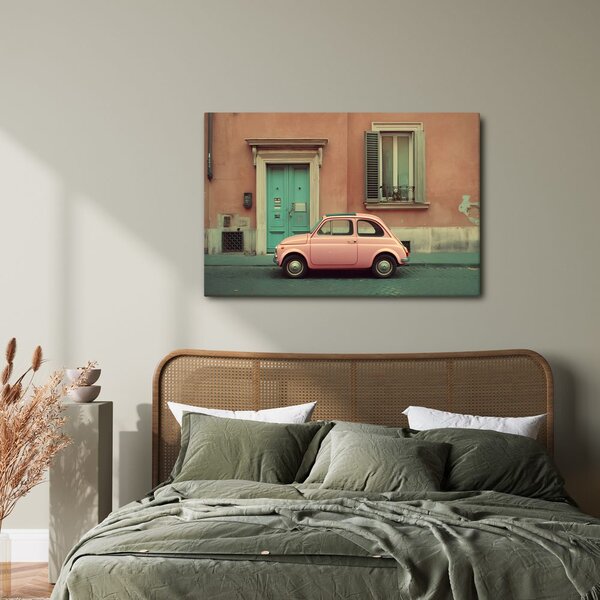 Quadro su tela – Auto retrò rosa in città