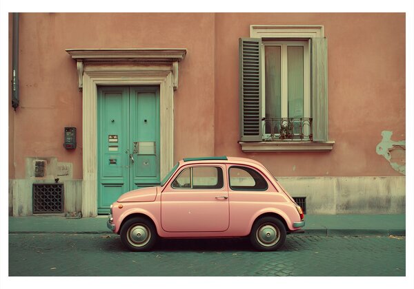 Quadro su tela – Auto retrò rosa in città