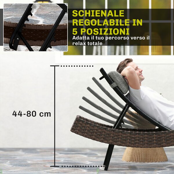 Outsunny Lettino Prendisole da Giardino in Rattan Forma S con Cuscino a 5 Posizioni, 60x198x44cm, Marrone | Aosom Italy