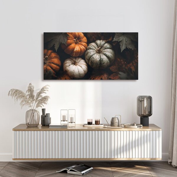 Quadro su tela – Zucche tra foglie autunnali