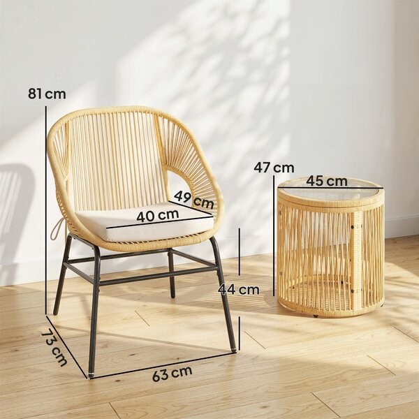Outsunny Set da Bistrò da 3 Pezzi in Rattan e Acciaio con 2 Sedie, Tavolo Rotondo con Piano in Vetro Temperato, Beige | Aosom Italy