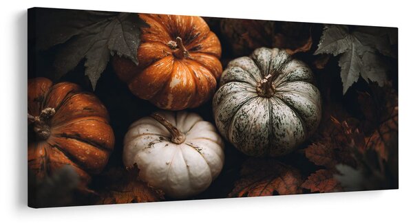 Quadro su tela – Zucche tra foglie autunnali