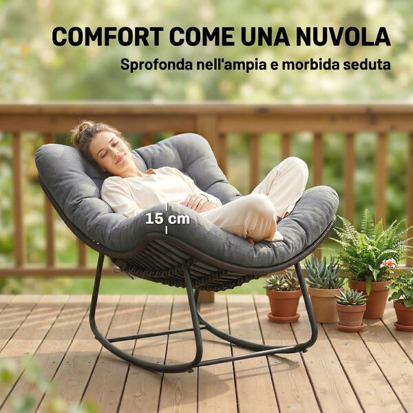 Outsunny Sedia a Dondolo in Rattan con Cuscino Morbido per Giardino, Balcone, Grigio Scuro | Aosom Italy