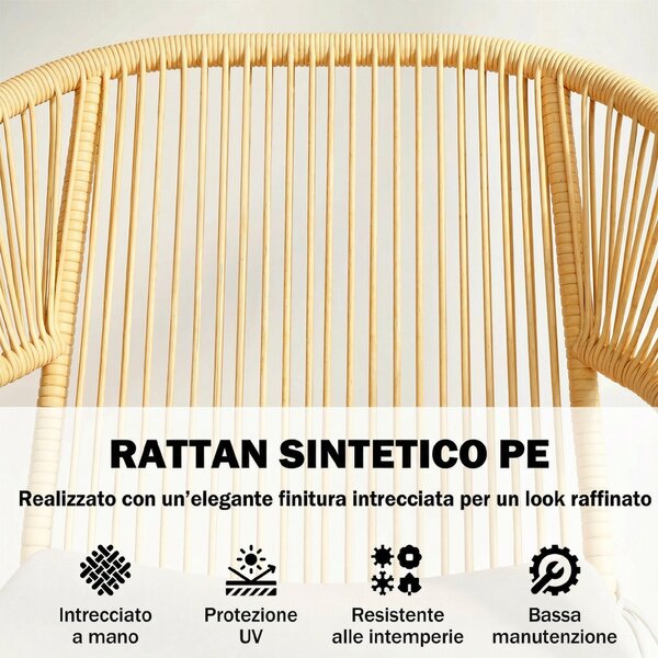 Outsunny Set da Bistrò da 3 Pezzi in Rattan e Acciaio con 2 Sedie, Tavolo Rotondo con Piano in Vetro Temperato, Beige | Aosom Italy