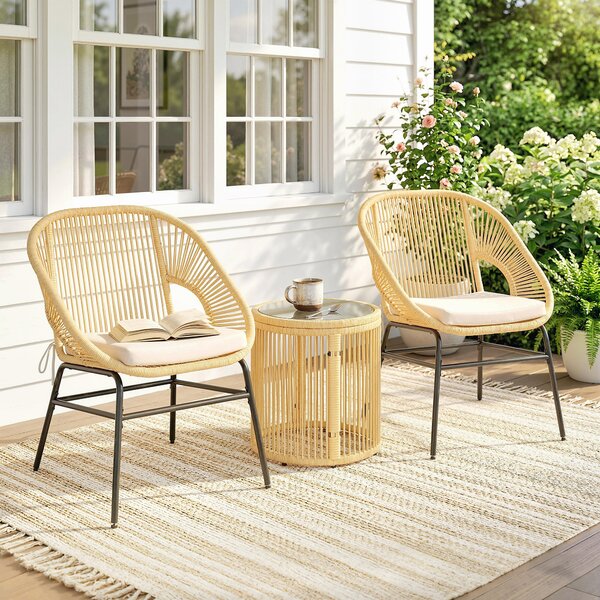 Outsunny Set da Bistrò da 3 Pezzi in Rattan e Acciaio con 2 Sedie, Tavolo Rotondo con Piano in Vetro Temperato, Beige | Aosom Italy