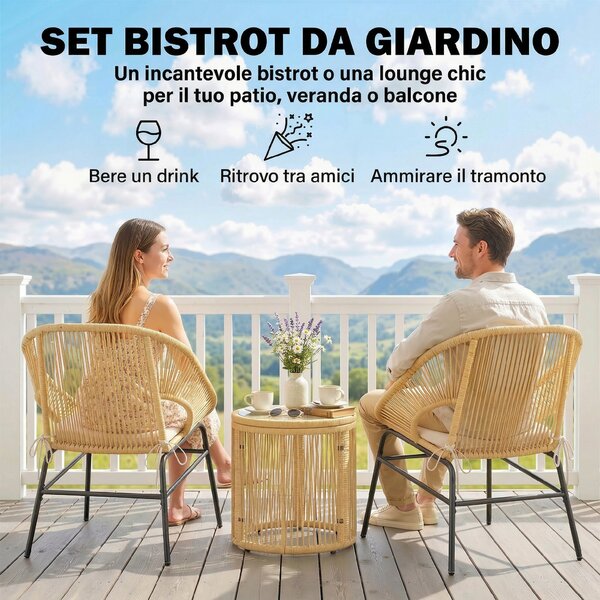 Outsunny Set da Bistrò da 3 Pezzi in Rattan e Acciaio con 2 Sedie, Tavolo Rotondo con Piano in Vetro Temperato, Beige | Aosom Italy