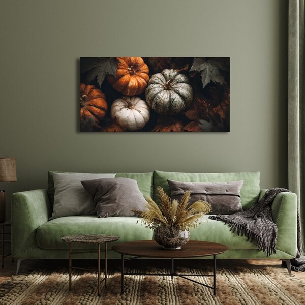Quadro su tela – Zucche tra foglie autunnali