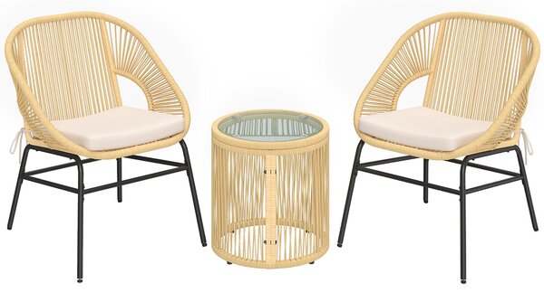 Outsunny Set da Bistrò da 3 Pezzi in Rattan e Acciaio con 2 Sedie, Tavolo Rotondo con Piano in Vetro Temperato, Beige | Aosom Italy