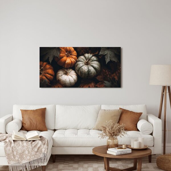 Quadro su tela – Zucche tra foglie autunnali