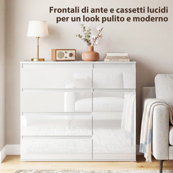 HOMCOM Credenza, Mobile con 5 Cassetti, Ripiano Regolabile, Bianco Lucido. | Aosom Italy