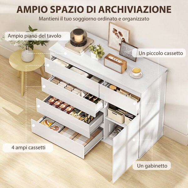 HOMCOM Credenza, Mobile con 5 Cassetti, Ripiano Regolabile, Bianco Lucido. | Aosom Italy