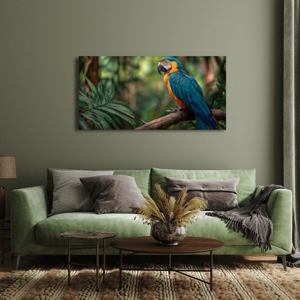 Quadro su tela – Pappagallo tra foglie tropicali