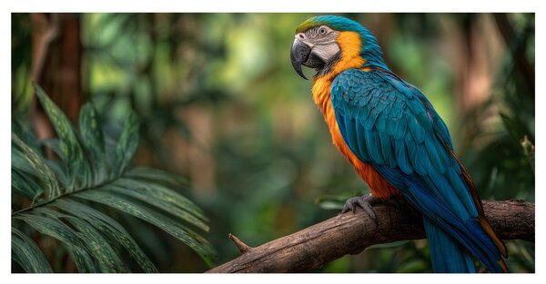 Quadro su tela – Pappagallo tra foglie tropicali