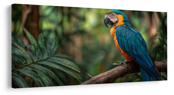 Quadro su tela – Pappagallo tra foglie tropicali