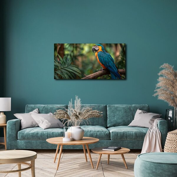 Quadro su tela – Pappagallo tra foglie tropicali