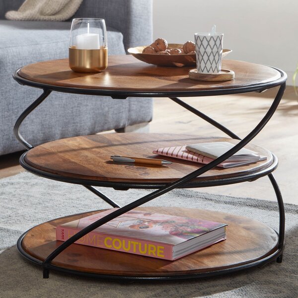 FineBuy Tavolino da caffè rotondo in legno massiccio di Sheesham Ø58 cm con 3 ripiani Tavolo da salotto fatto a mano in legno e metallo Tavolino in stile industriale