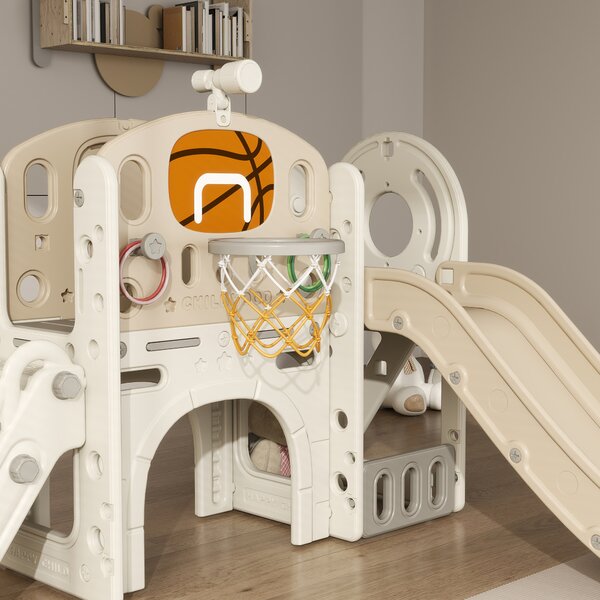 AIYAPLAY Struttura di gioco per bambini, scivolo 7 in 1, parco giochi interno con spazio di archiviazione e tunnel rampicante, 186x153x111 cm, Bianco crema
