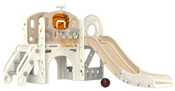 AIYAPLAY Struttura di gioco per bambini, scivolo 7 in 1, parco giochi interno con spazio di archiviazione e tunnel rampicante, 186x153x111 cm, Bianco crema