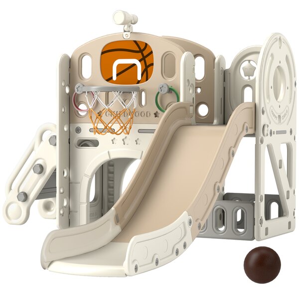 AIYAPLAY Struttura di gioco per bambini, scivolo 7 in 1, parco giochi interno con spazio di archiviazione e tunnel rampicante, 186x153x111 cm, Bianco crema