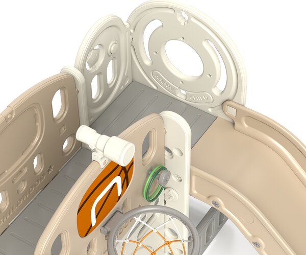AIYAPLAY Struttura di gioco per bambini, scivolo 7 in 1, parco giochi interno con spazio di archiviazione e tunnel rampicante, 186x153x111 cm, Bianco crema