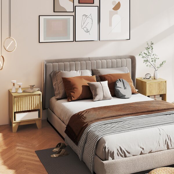 HOMCOM Set di 2 comodini stretti, con vano aperto e 1 cassetto, pannelli a scanalatura 43x40x55cm Legno naturale | Aosom Italy