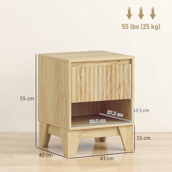 HOMCOM Set di 2 comodini stretti, con vano aperto e 1 cassetto, pannelli a scanalatura 43x40x55cm Legno naturale | Aosom Italy