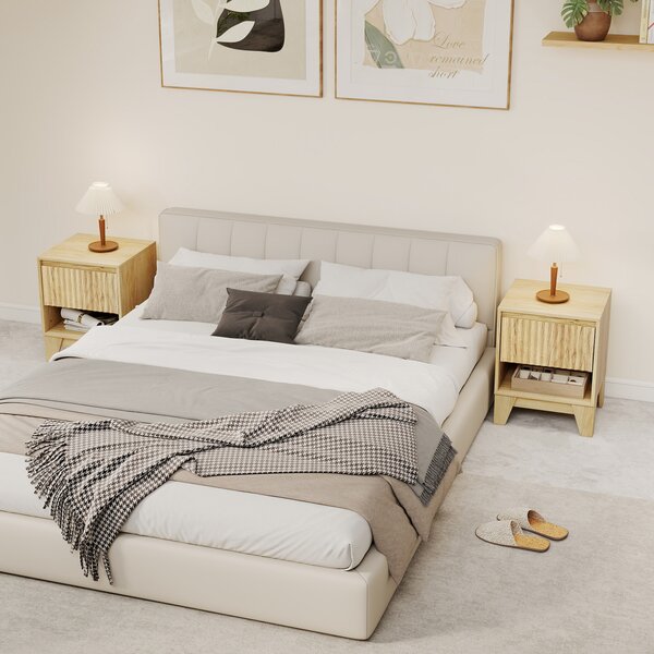 HOMCOM Set di 2 comodini stretti, con vano aperto e 1 cassetto, pannelli a scanalatura 43x40x55cm Legno naturale | Aosom Italy