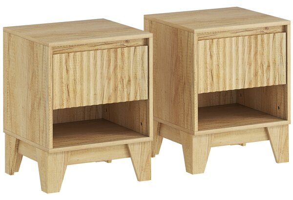 HOMCOM Set di 2 comodini stretti, con vano aperto e 1 cassetto, pannelli a scanalatura 43x40x55cm Legno naturale | Aosom Italy