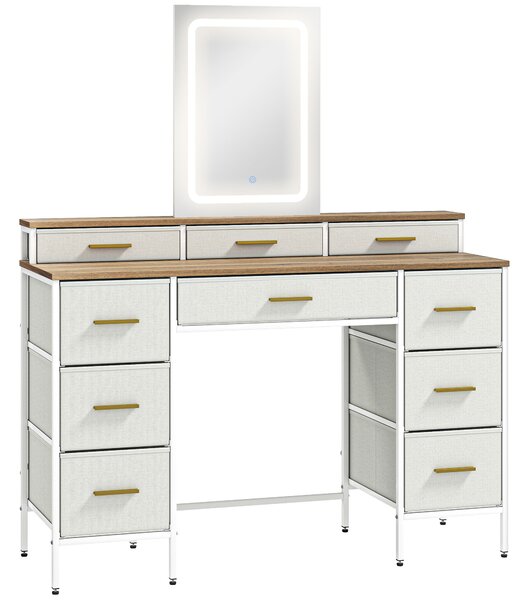 HOMCOM Toeletta con specchio e luci LED a 3 colori, con 10 cassetti in tessuto, 118,5 x 39,5 x 140 cm Legno naturale | Aosom Italy