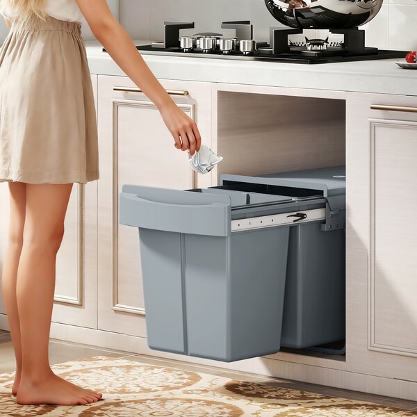 HOMCOM Pattumiera Estraibile Sottolavello per Differenziata con 2 Secchi da 20L, 52x33.5x41 cm, Grigio | Aosom Italy