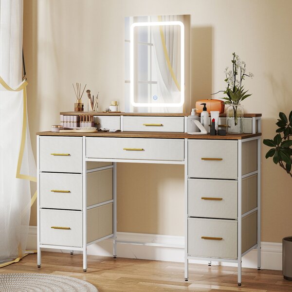 HOMCOM Toeletta con specchio e luci LED a 3 colori, con 10 cassetti in tessuto, 118,5 x 39,5 x 140 cm Legno naturale | Aosom Italy