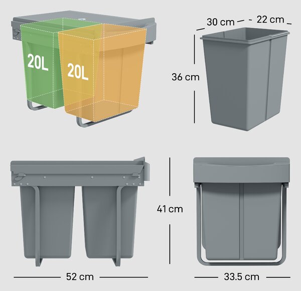 HOMCOM Pattumiera Estraibile Sottolavello per Differenziata con 2 Secchi da 20L, 52x33.5x41 cm, Grigio | Aosom Italy