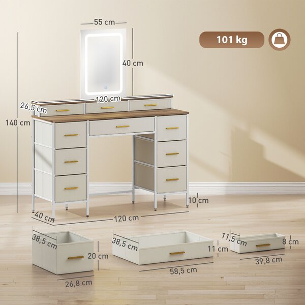 HOMCOM Toeletta con specchio e luci LED a 3 colori, con 10 cassetti in tessuto, 118,5 x 39,5 x 140 cm Legno naturale | Aosom Italy