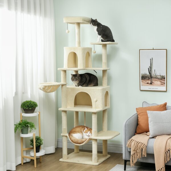PawHut Albero Tiragraffi per Gatti con Piattaforma, Torre, Letto, Tane e Pali in Sisal 60x48x202 cm Beige | Aosom Italy
